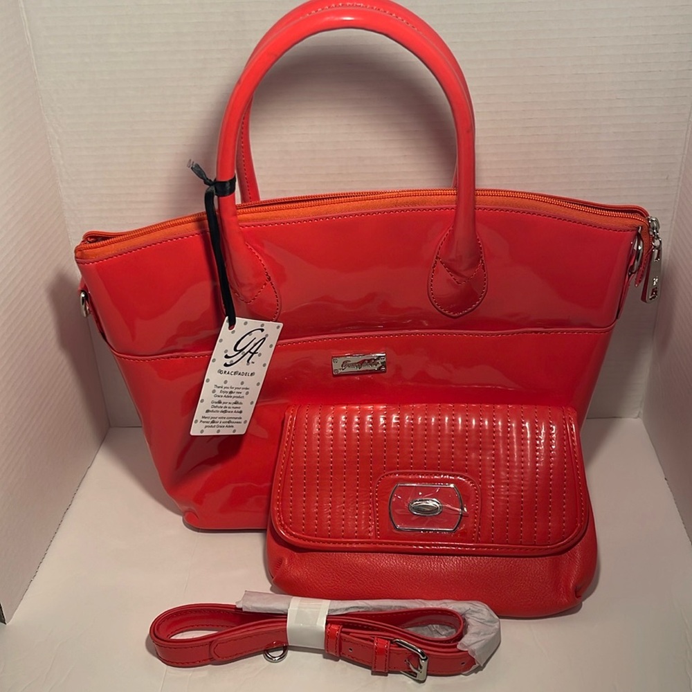 NWT Grace Adele Bags  Patent leather Coral Orange with matching crossbody purse